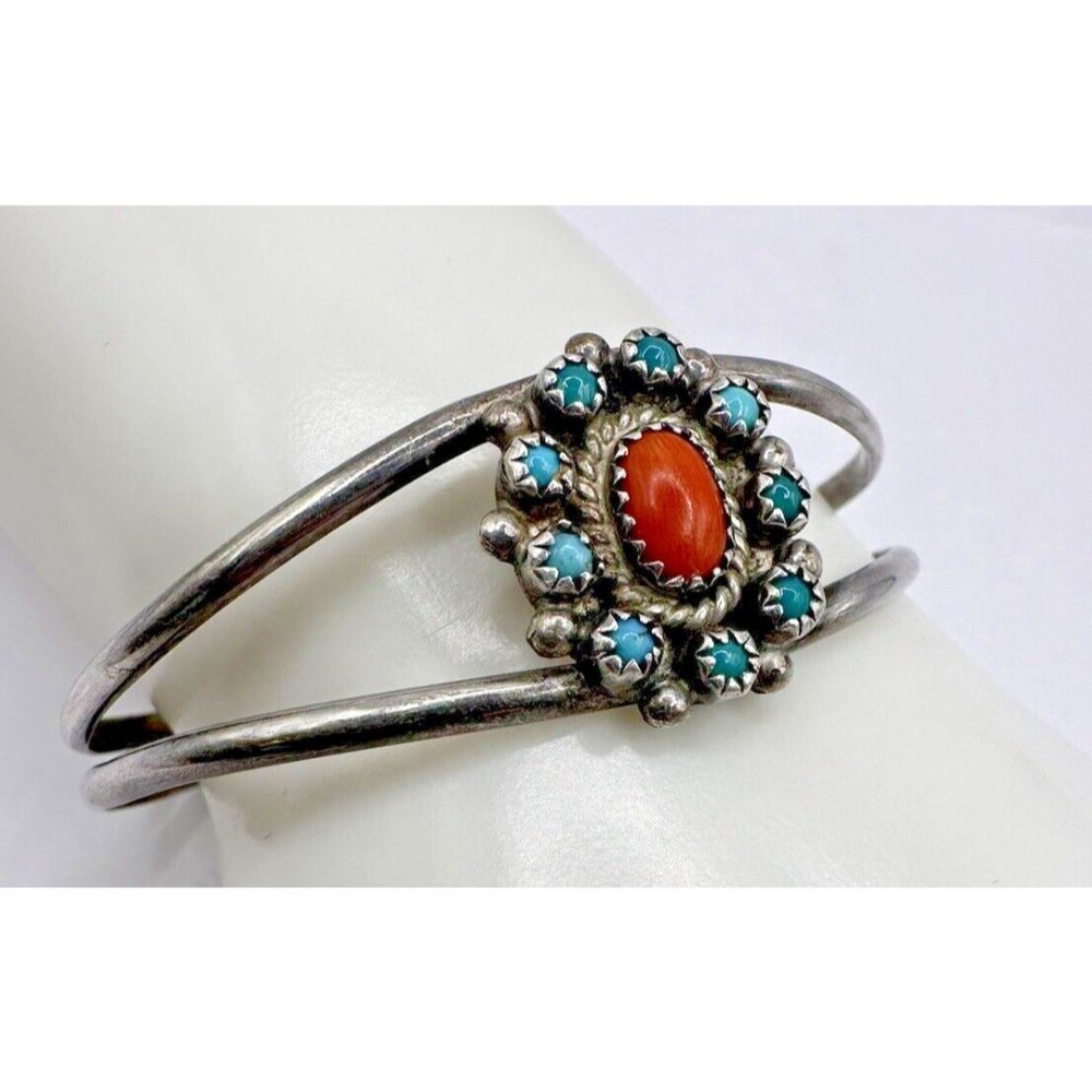 Vintage Navajo Turquoise Coral Cluster Sterling Silver 925 Bracelet Cuff 6-1/4"